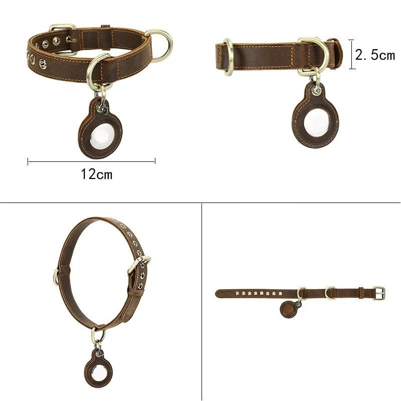Brown handmade leather dog collar with halter positioning and retro styling