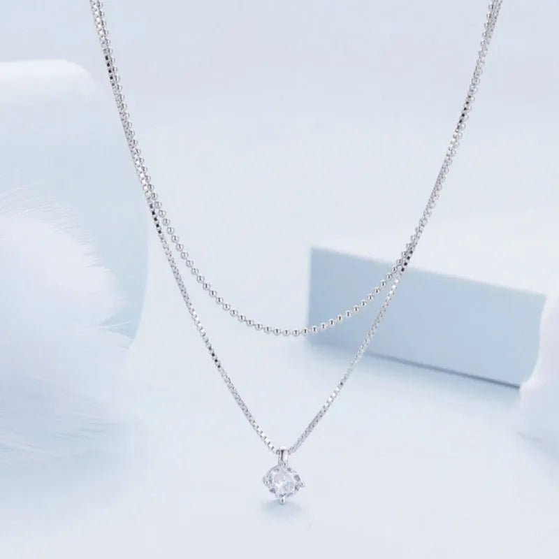 S925 sterling silver double layer necklace with pearl chain in shining silver finish