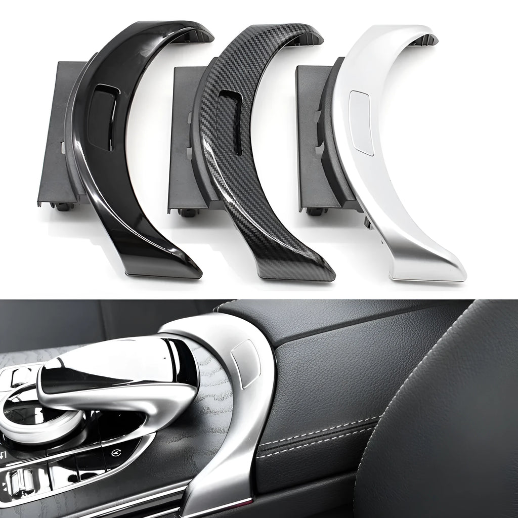 Mercedes C-Class GLC armrest button cover panel in silver, black, and carbon finishes
