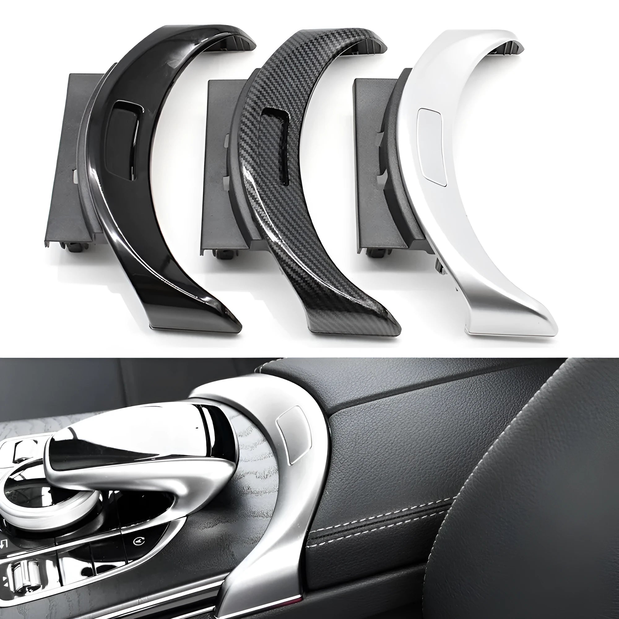 Mercedes C-Class GLC armrest button cover panel in silver, black, and carbon finishes