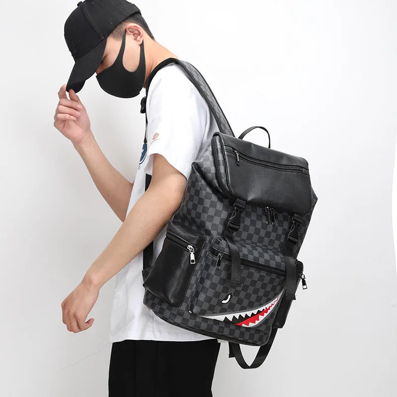 Korean checkered print large capacity backpack with curved shoulder straps in multiple colour options
