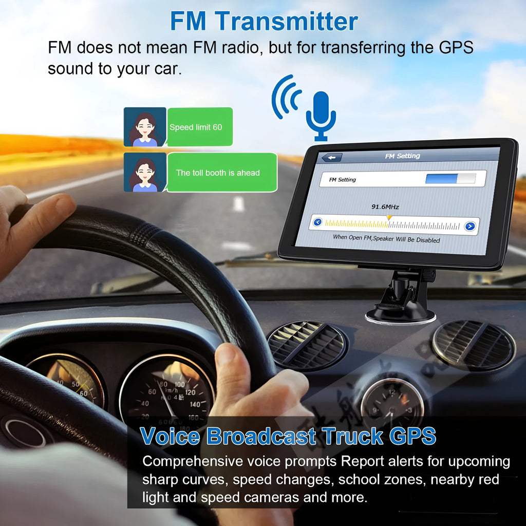 7 inch car GPS navigation device with touchscreen display showing map interface