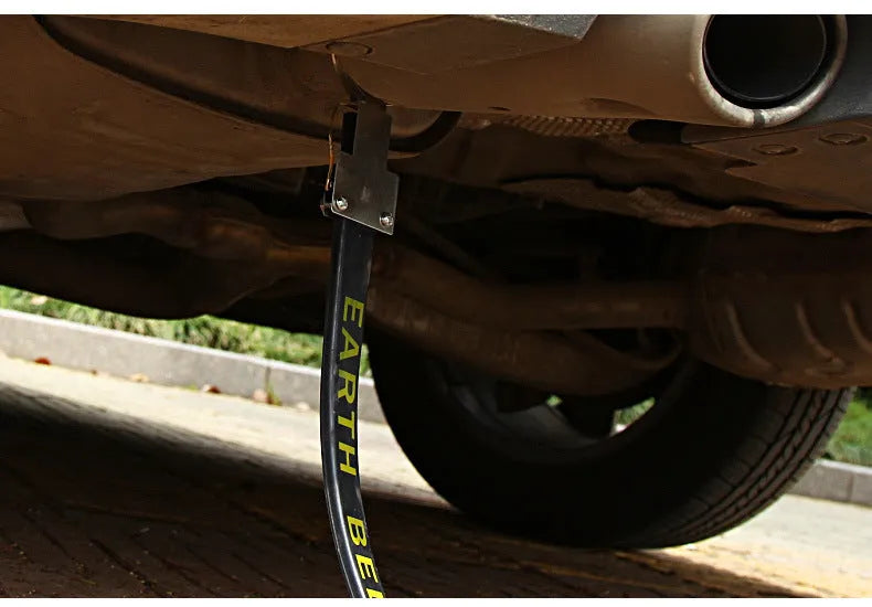 Black car electrostatic grounding belt with metal chain end, measuring 370mm long, for discharging static electricity.