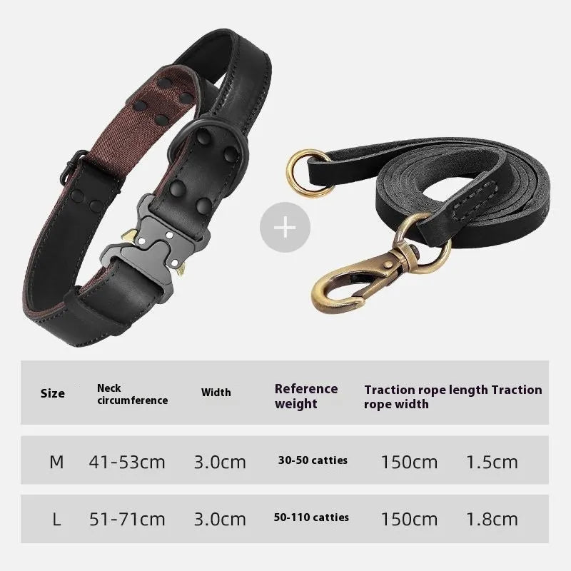 Black leather bandana collar with matching explosion-proof pulling rope for large dogs