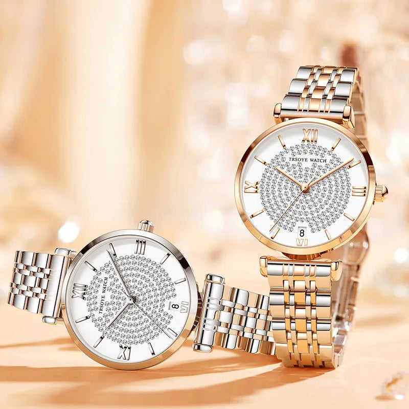 Starry women's quartz watch with white dial, 33mm, alloy strap, butterfly clasp, rose shell case