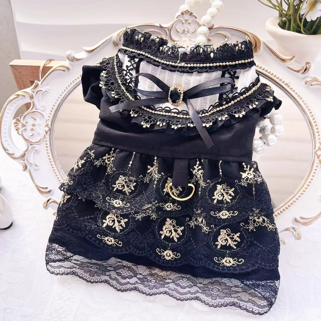 Golden gothic-style skirt outfit on a small dog, showing princess cut and sizing for pets.