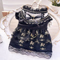 Golden gothic-style skirt outfit on a small dog, showing princess cut and sizing for pets.