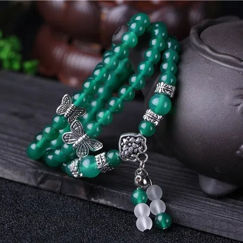 Handmade green agate multi-layer bracelet with three circles of 6mm beads for women.