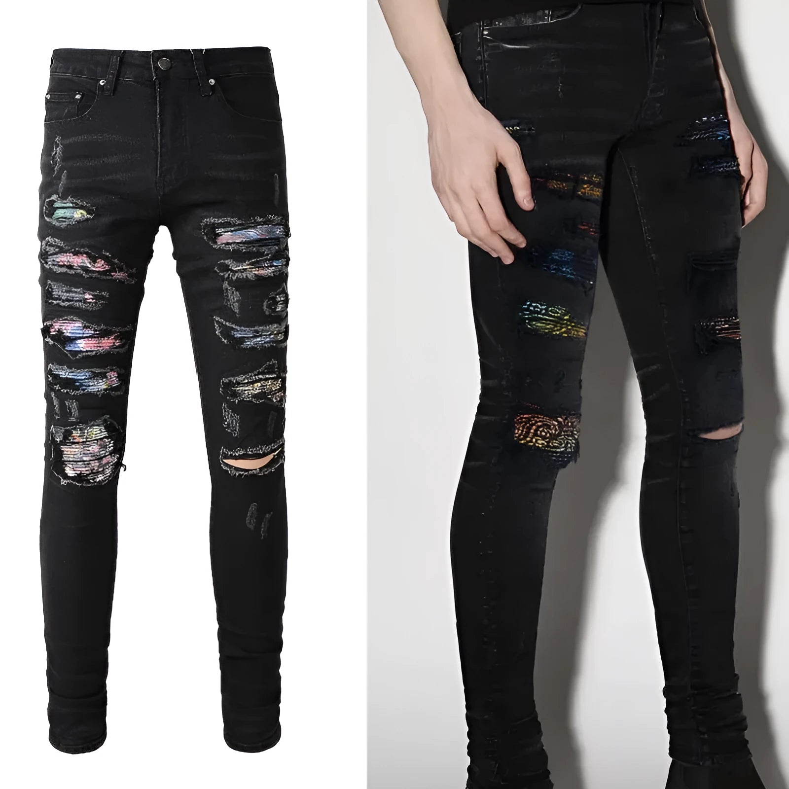 Men's black tattered stretch denim jeans with printed patch on a white background, front view