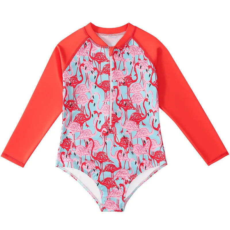 Girl's long sleeve one-piece swimming costume in a bright colour on a hanger