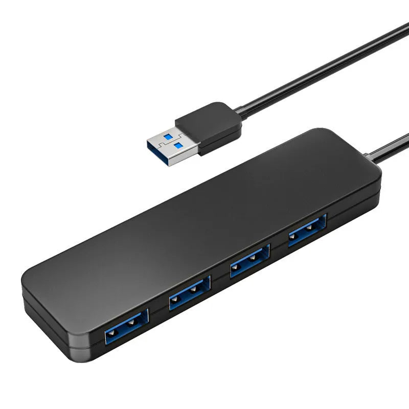 Black USB 3.0 hub with four ports, LED indicators, and a 30cm connecting cable.
