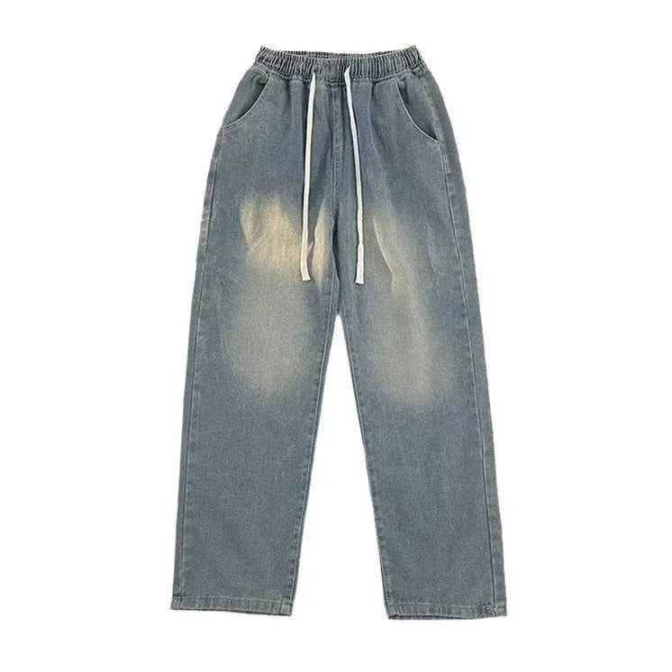 Men's straight-leg cotton denim trousers in blue with drawstring waist and loose fit