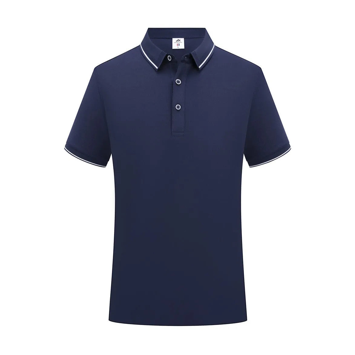 Beautician wearing a short-sleeved light blue polo shirt with asymmetric detail in a salon setting
