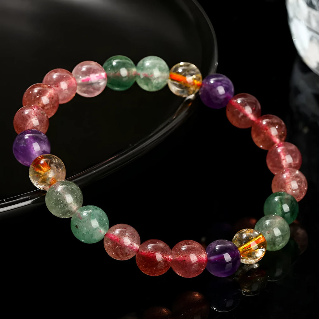 Natural tourmaline strawberry quartz bracelet with geometry beads in choice of 7mm, 8mm or 9mm sizes