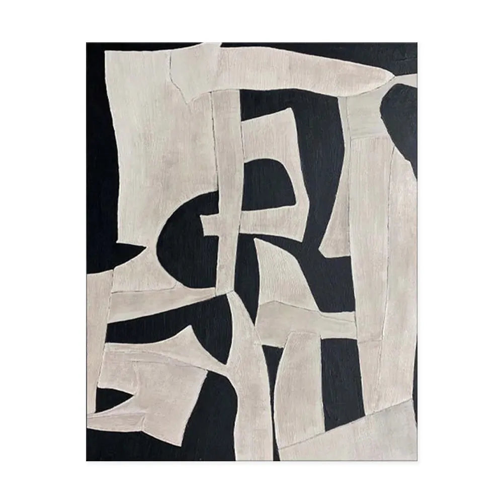 Handmade modern abstract black white textured oil painting on canvas, unstretched and frameless, vertical orientation