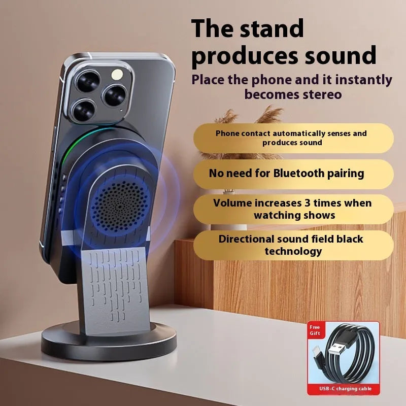 Three-in-one wireless induction Bluetooth speaker bracket with phone holder, black colour, mirror finish, showing USB port and built-in battery
