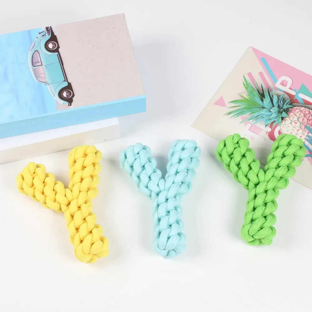 Blue Y-shaped cotton rope dog chew toy for large dogs on a white background