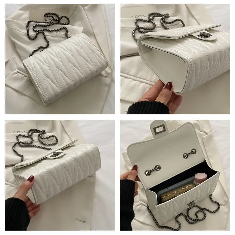 Small beige retro textured diamond pattern PU crossbody bag with a single strap, shown next to a mobile phone for scale.