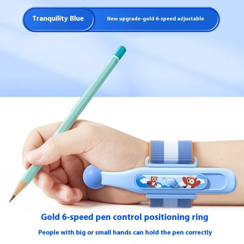 Blue anti-hook pen control corrector wrist brace on a child's hand holding a pencil.