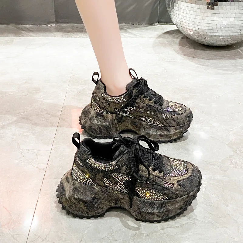 Blue white gradient denim high top platform sneakers with rhinestone embellishment, lace-up front, thick rubber sole