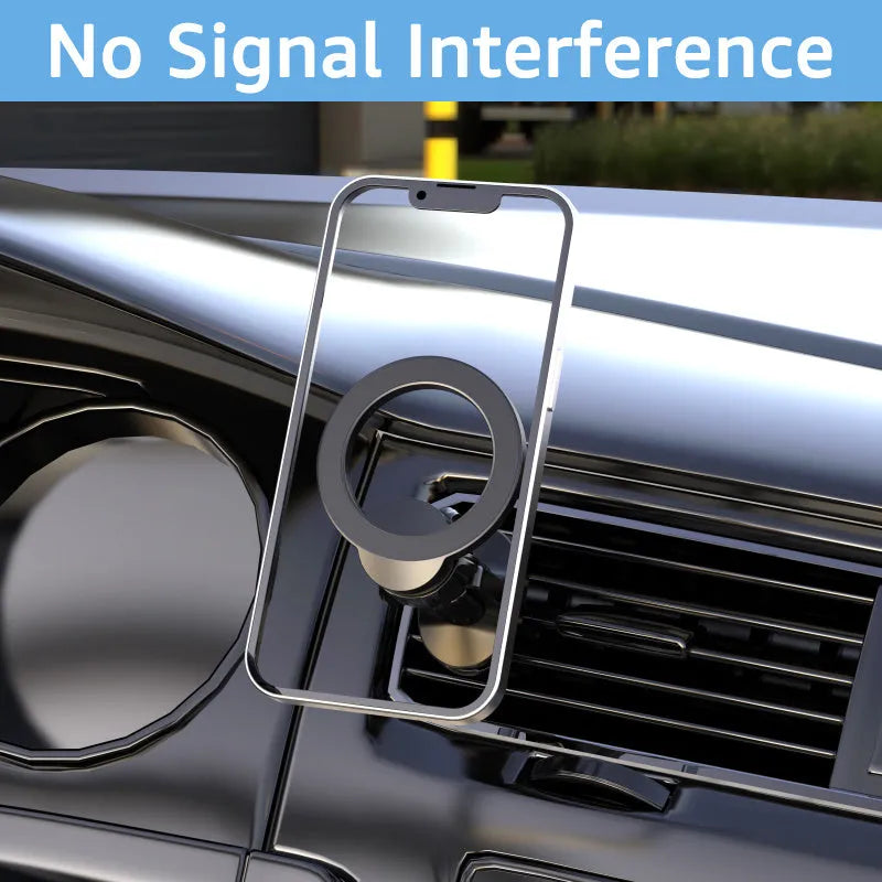 Black magnetic car phone holder with O-ring bracket for air outlet mounting