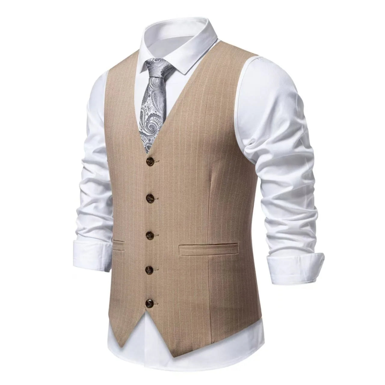 Men's striped suit vest in black, khaki, or red with non-ironing polyester fabric