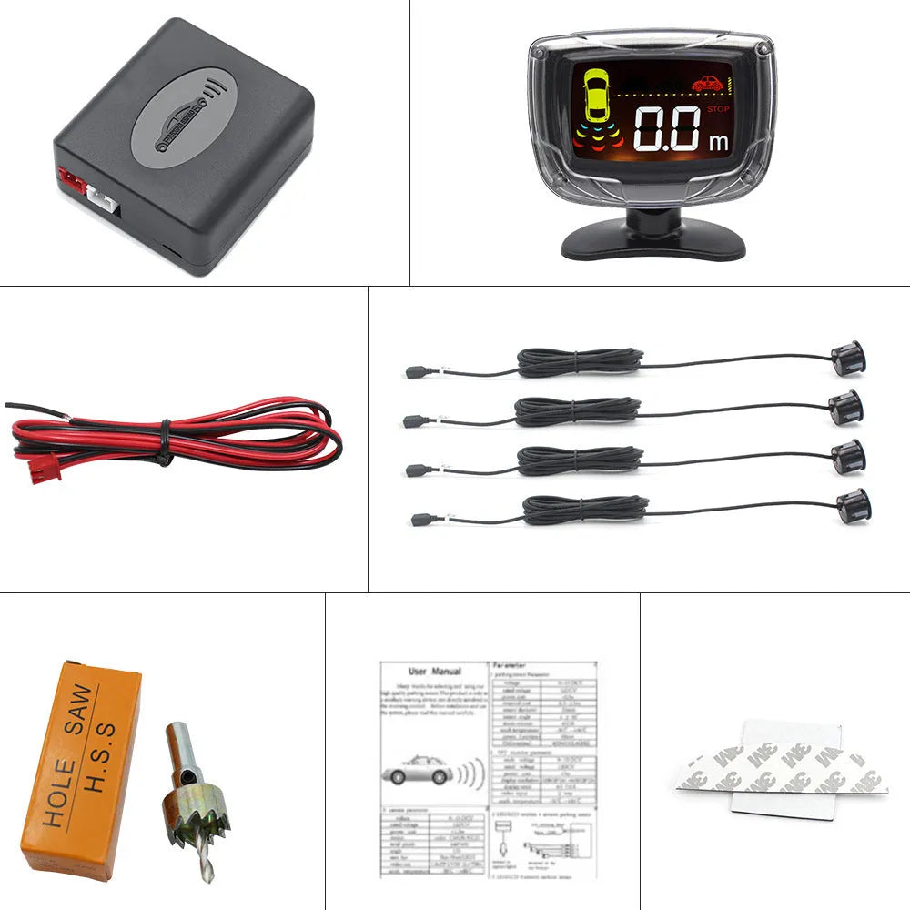 Wireless reversing sensor kit for cars with main unit, four ultrasonic probes, LED display, and installation tools.