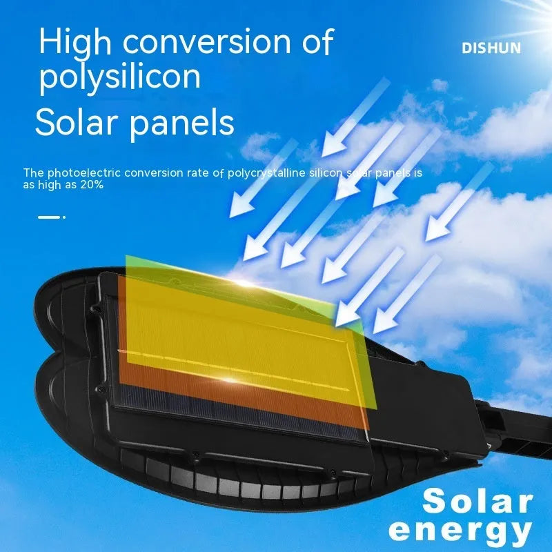 A white 6-eye sword design solar garden lamp with a solar panel on top, shown with its remote control.