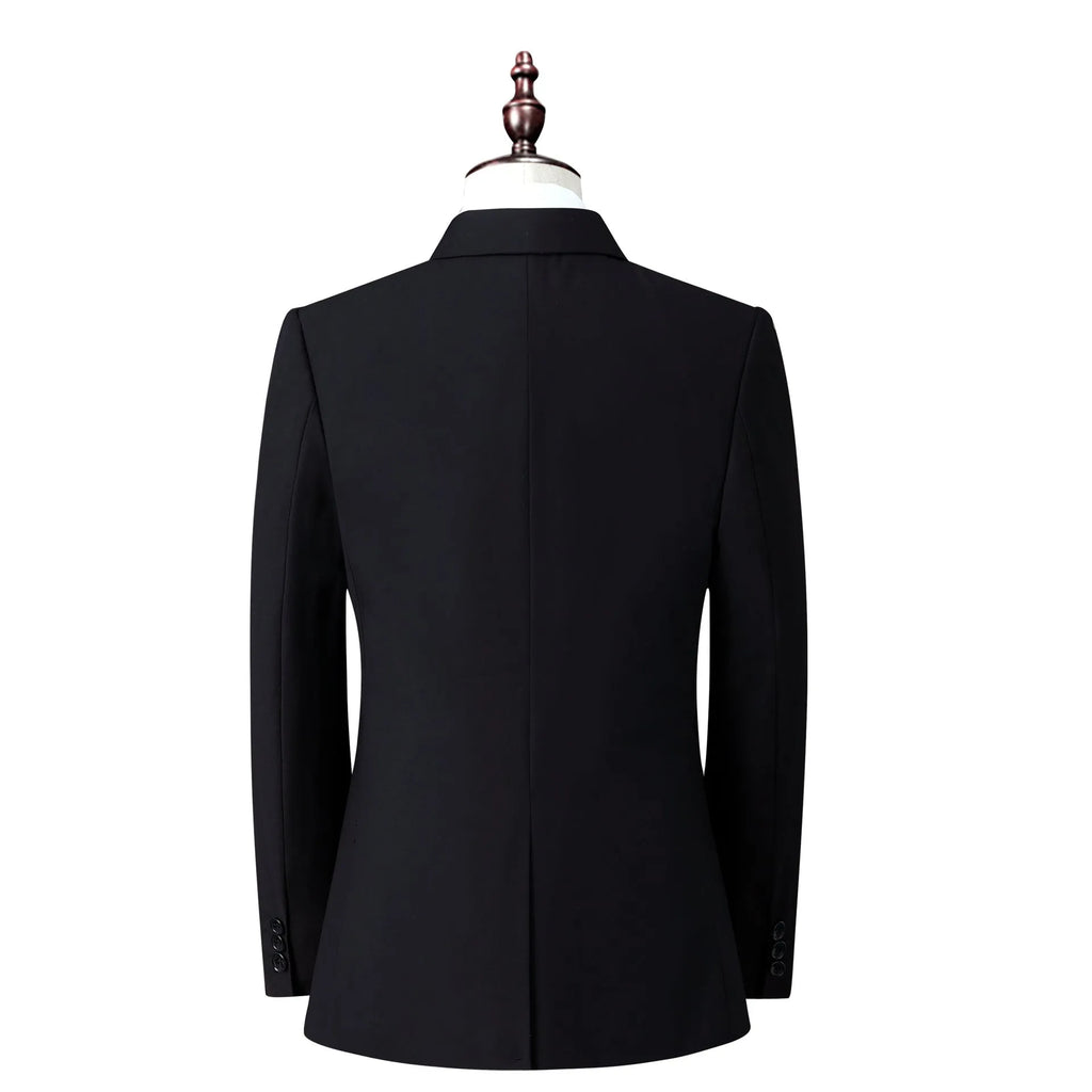Men's slim fit business suit in black with coat and trousers on a hanger