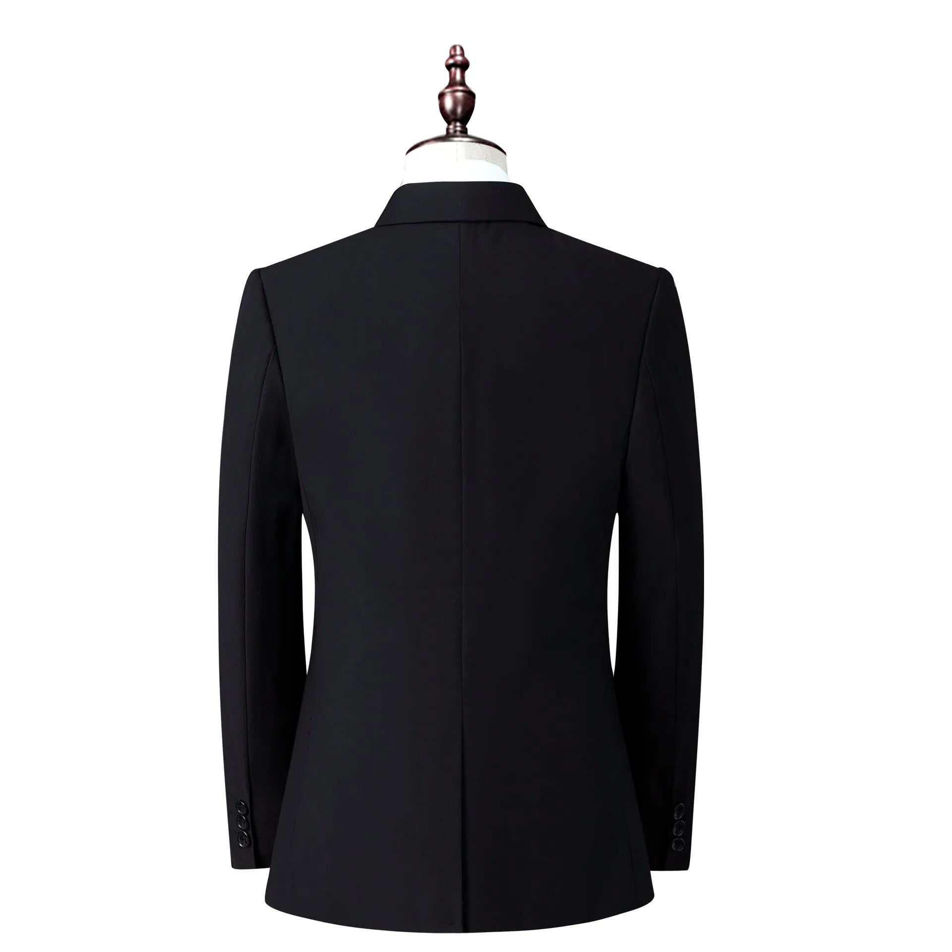 Men's slim fit business suit in black with coat and trousers on a hanger