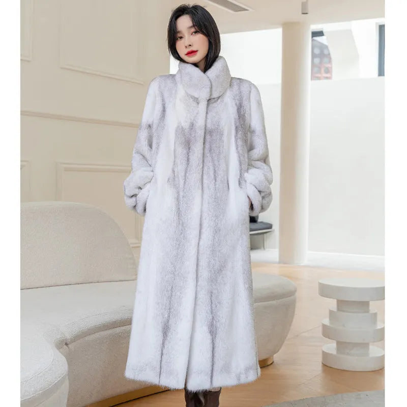 White full-length faux fur coat for women with a stand-up collar.