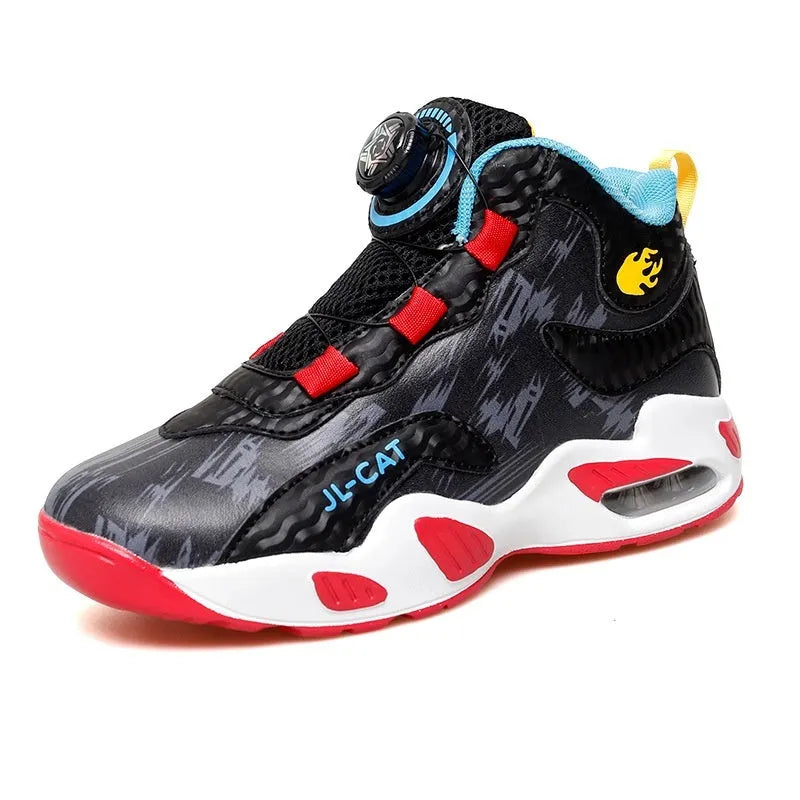 Children's rotating button basketball shoes in synthetic leather, showing waterproof design and colour options.
