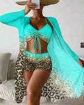 Women's lake blue polyester swimsuit set with high-waisted briefs and sleeveless design for swimming