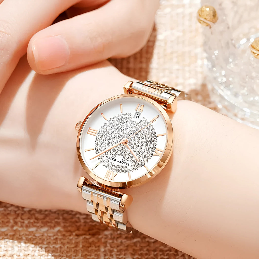 Starry women's quartz watch with white dial, 33mm, alloy strap, butterfly clasp, rose shell case