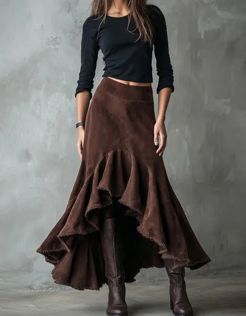 Brown high-low ruffle maxi skirt on hanger showing asymmetric hemline