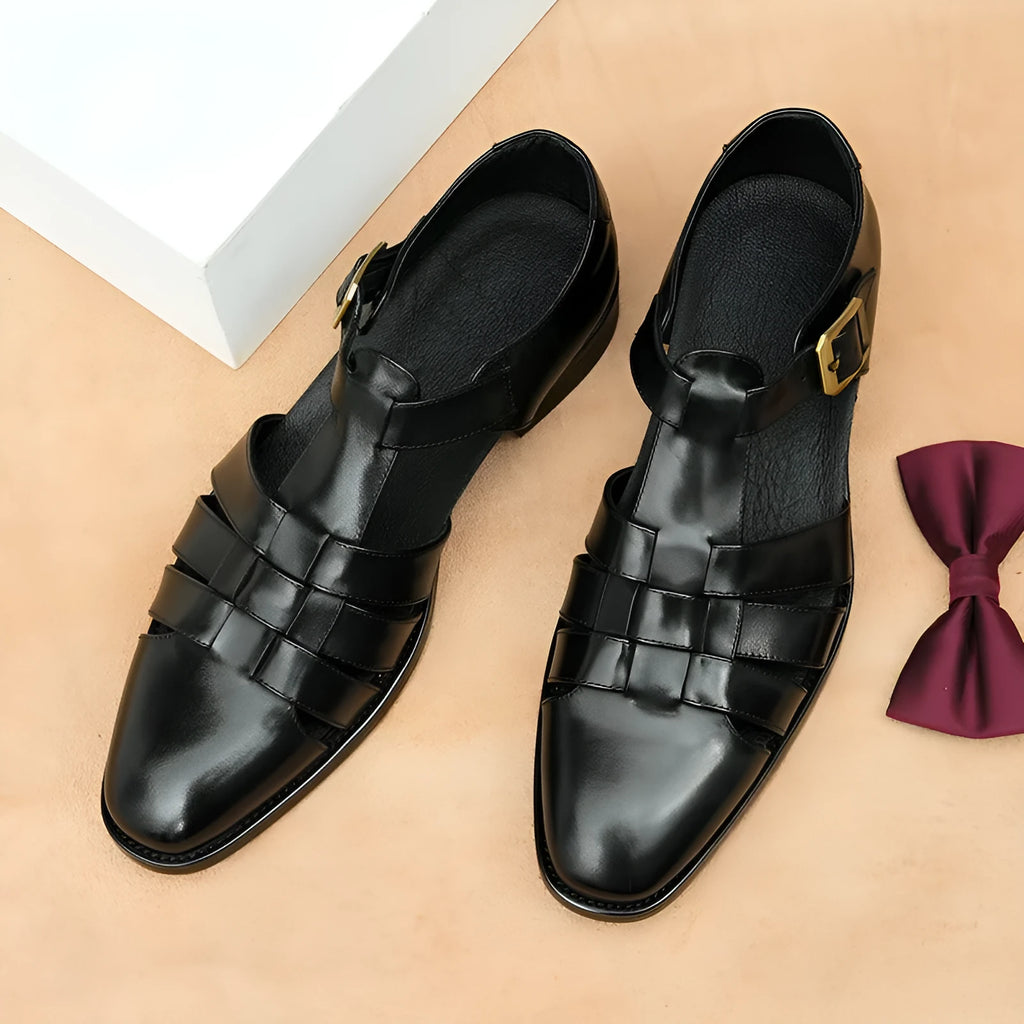 Men's genuine leather retro business sandals in black or brown with rubber sole