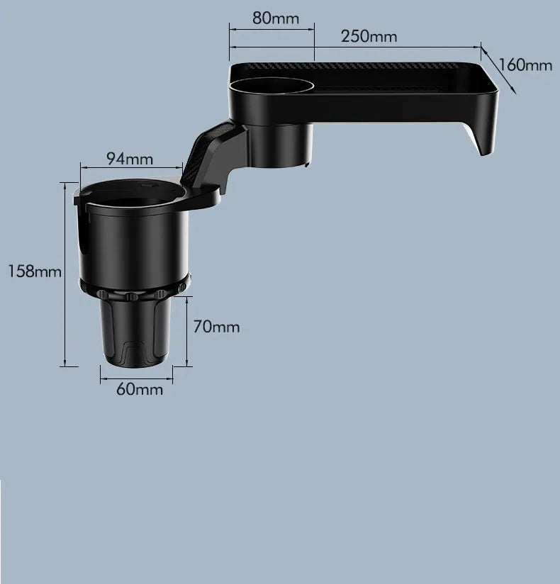 A black ABS plastic car-mounted rotating dinner tray holder inserted into a vehicle cup holder.