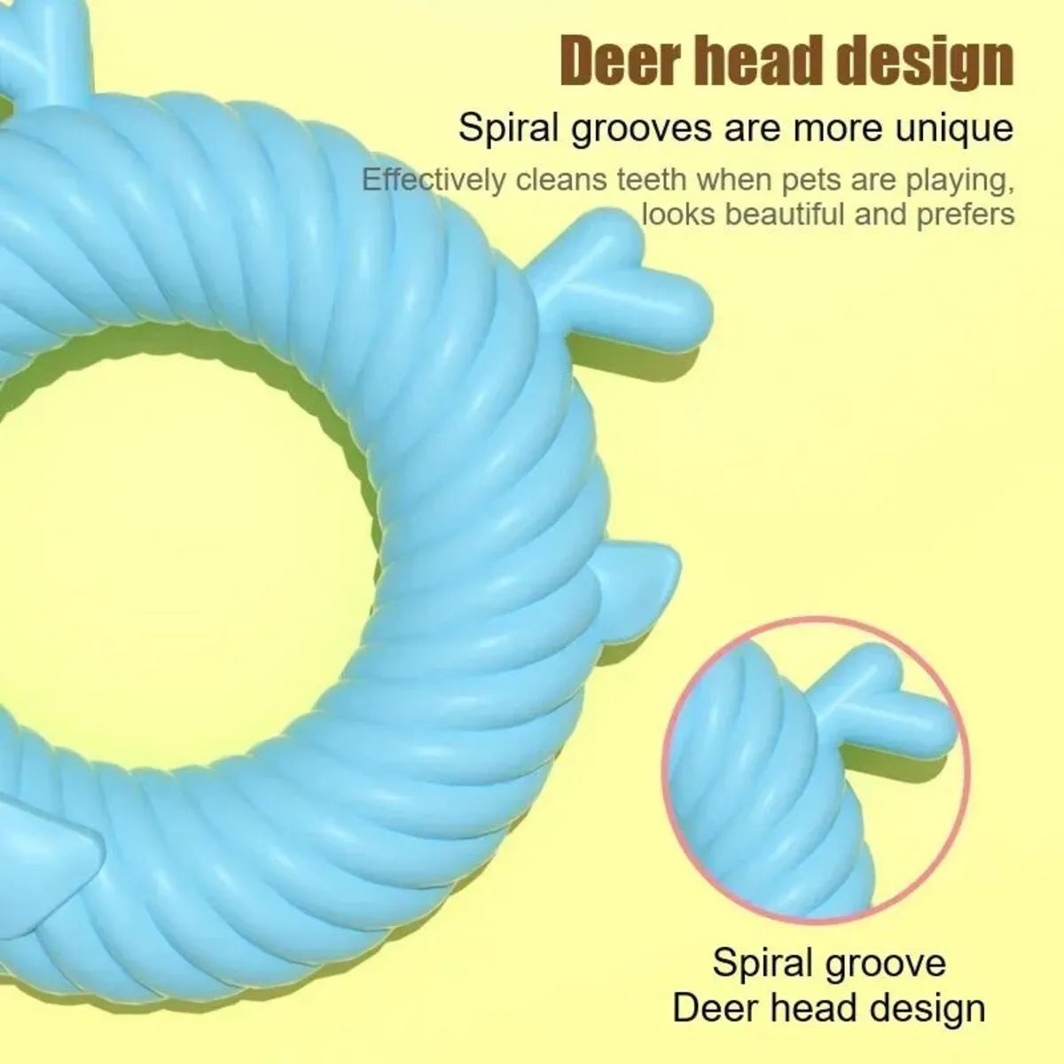 Deer-shaped dog chew toy in light blue with spiral groove teeth cleaning design