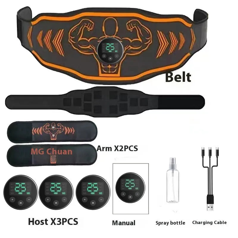 Blue and orange EMS smart massage belt with host unit, large electrode pad, and two smaller arm stickers on a grey background.