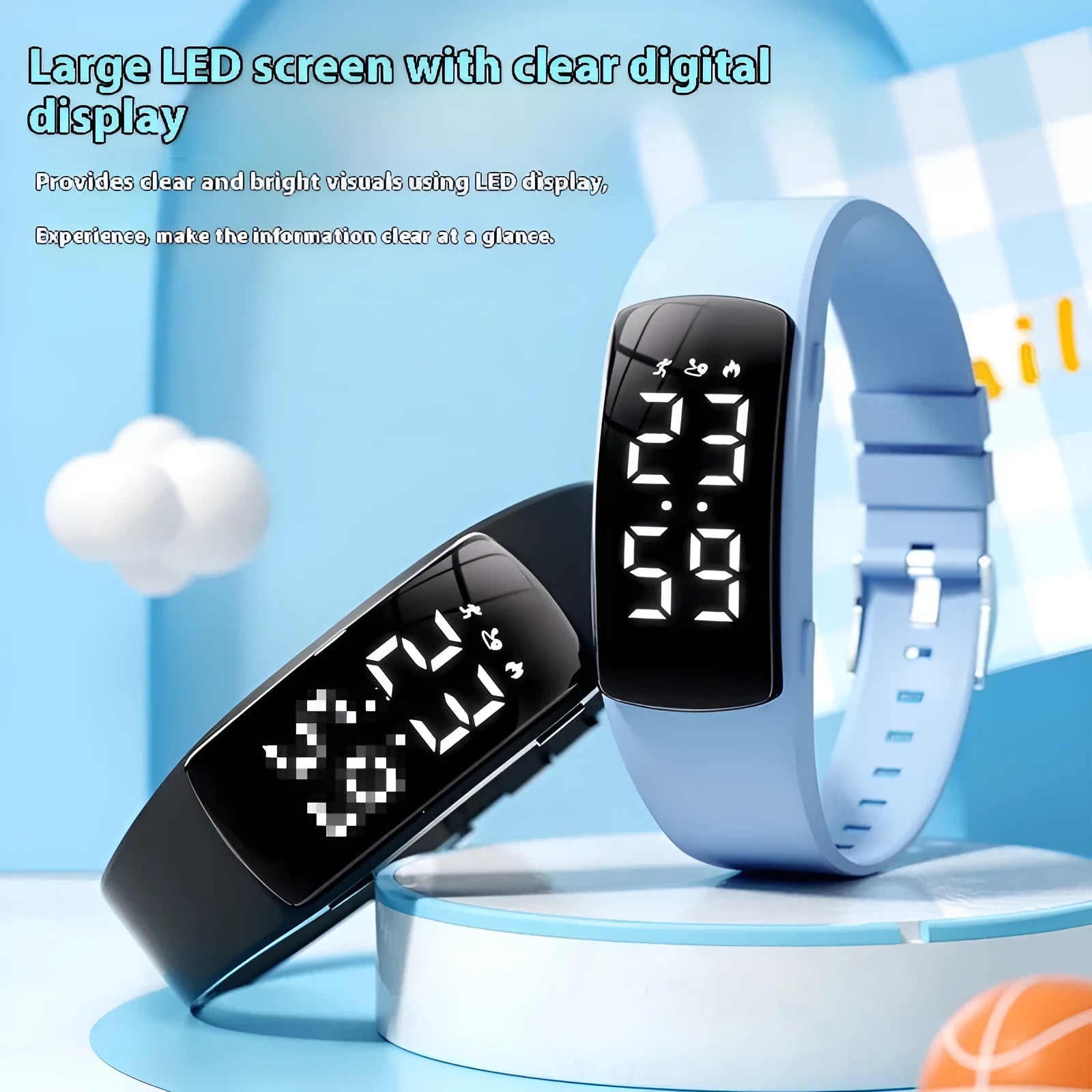 Black electronic digital watch with LED display and silicone strap on a wrist.