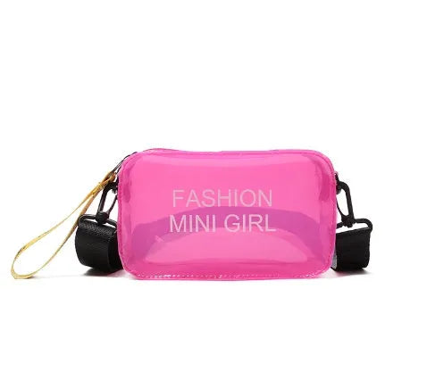 Transparent square jelly women's shoulder bag with adjustable strap shown in multiple colours.