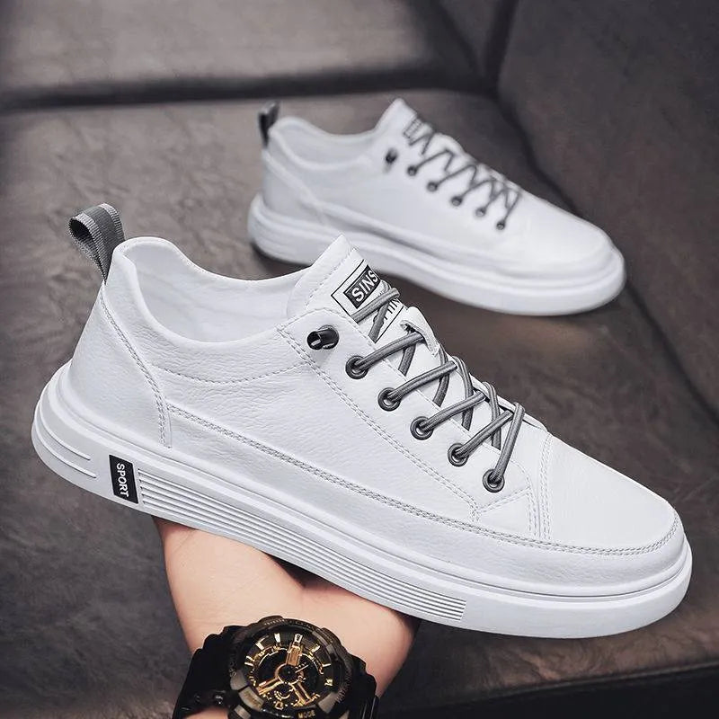 Men's casual white shoes with flat bottom, low heel, round toe, and PU upper in beige, white, or black
