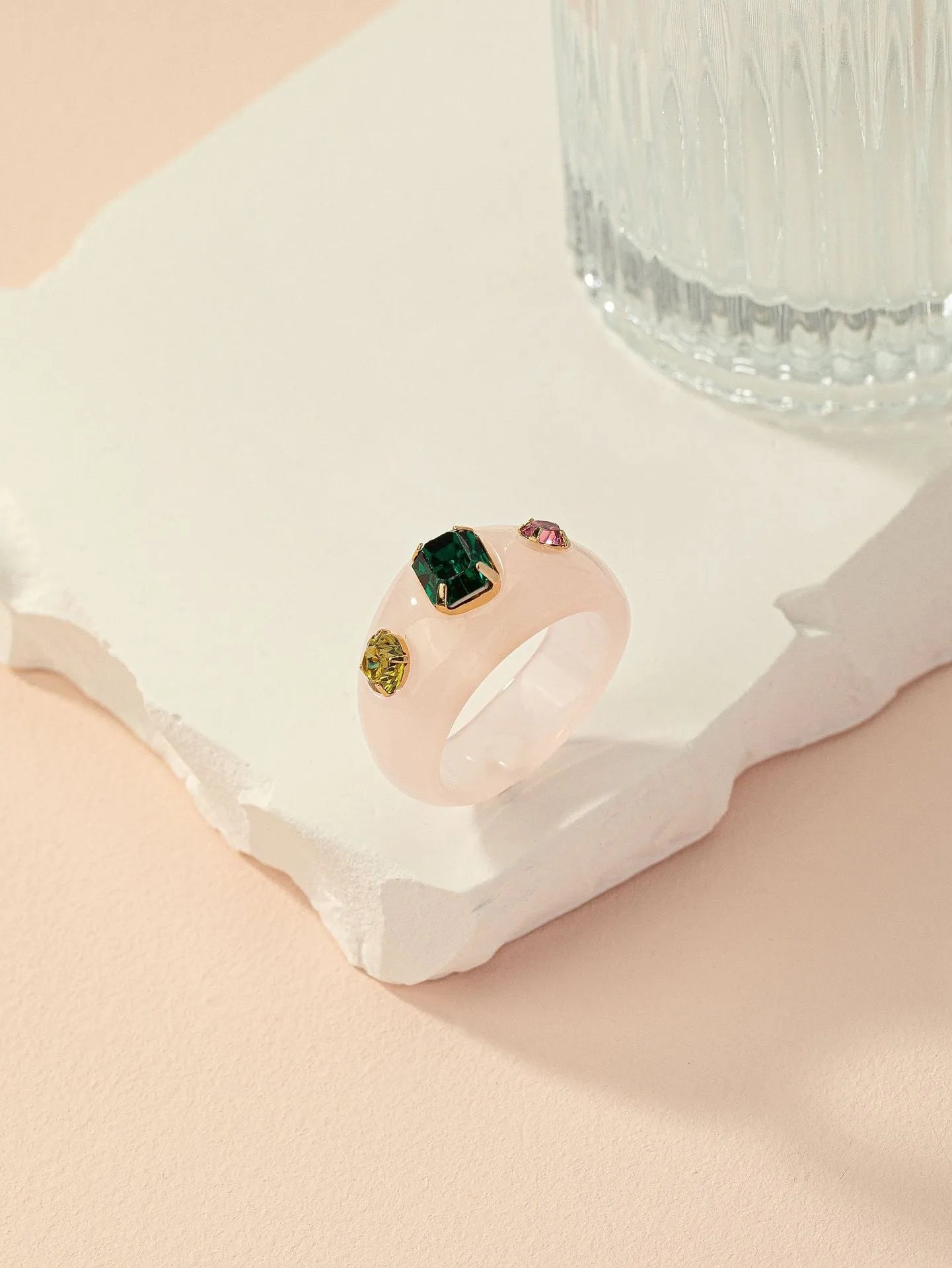 Transparent acrylic ring for women with retro minority ornament design