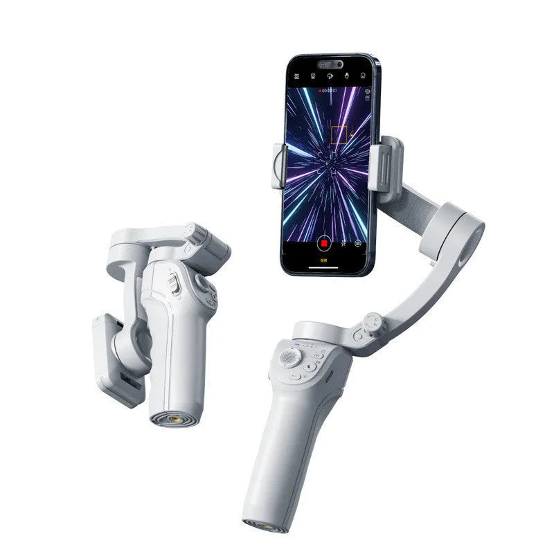 Grey hand-held three-axis anti-shake stabiliser with AI face tracking and fill light for short video shooting