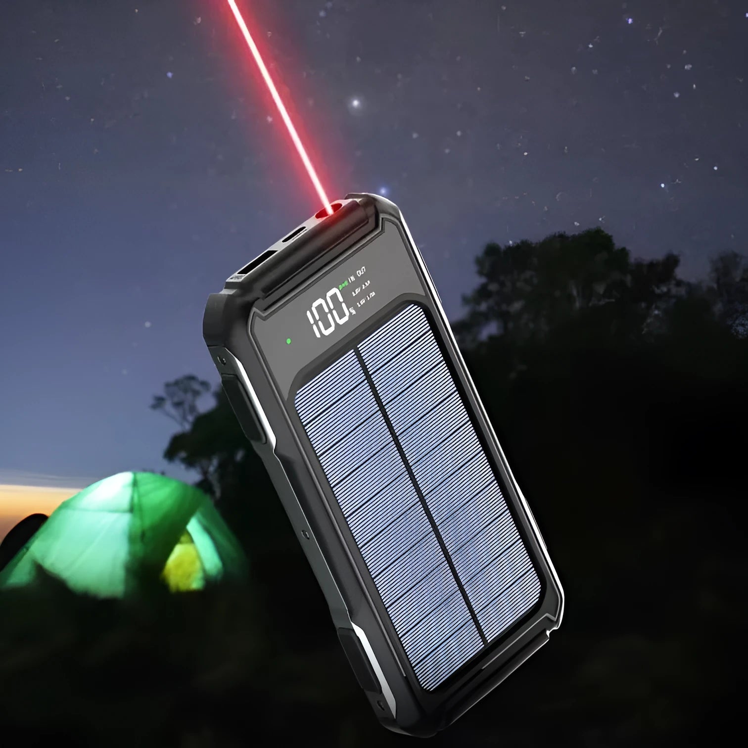 Black, green, and orange military grade portable power bank showing compact size.