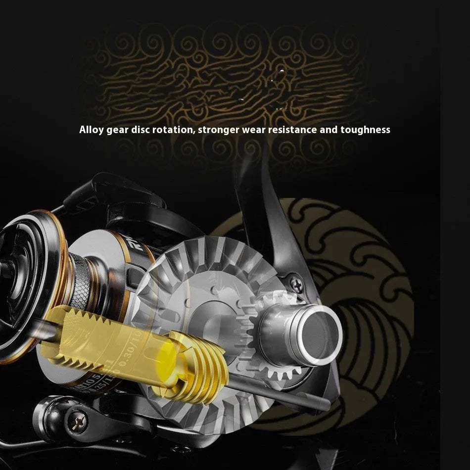 All-metal spinning fishing reel with EVA grip handle, shown in one of six available sizes.
