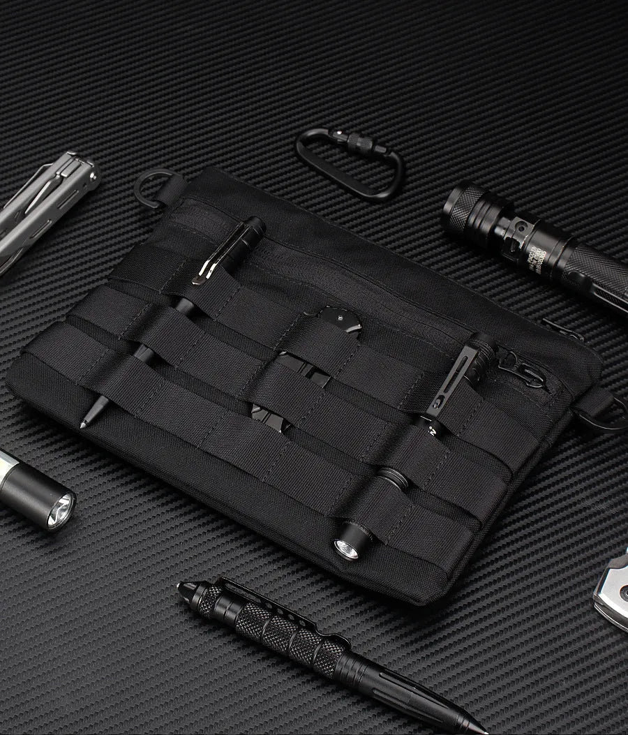 Black Oxford cloth portable outdoor organiser kit measuring 18cm by 3.5cm for military enthusiasts