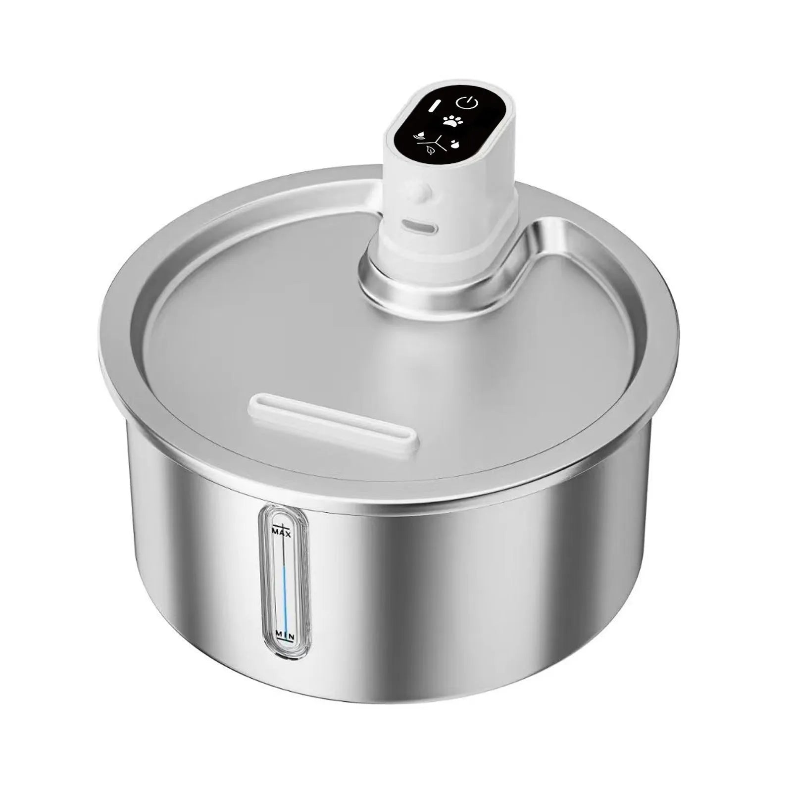 Stainless steel pet water fountain with a white constant temperature heating base on a wooden floor.