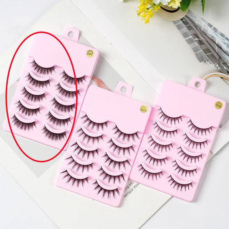 Bundle of manga false eyelashes showing three wispy styles 007, 008, and 009 on a black plastic terrier strip.