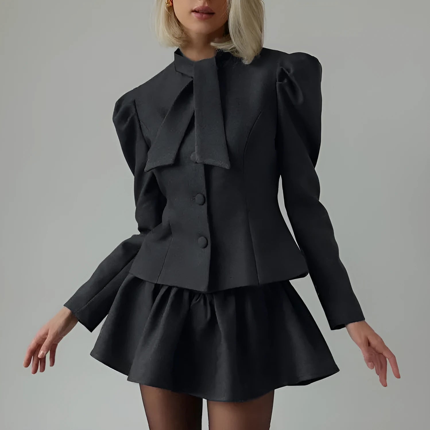 Women's gray bow tie long sleeve suit top and skirt two-piece set with button detail